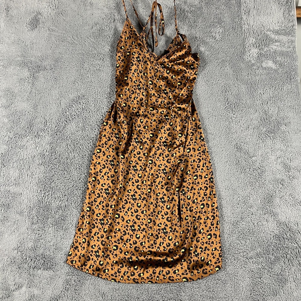 Hurley Slip Dress Womens S Brown Leopard Print Satin Halter Neck Party Cocktail